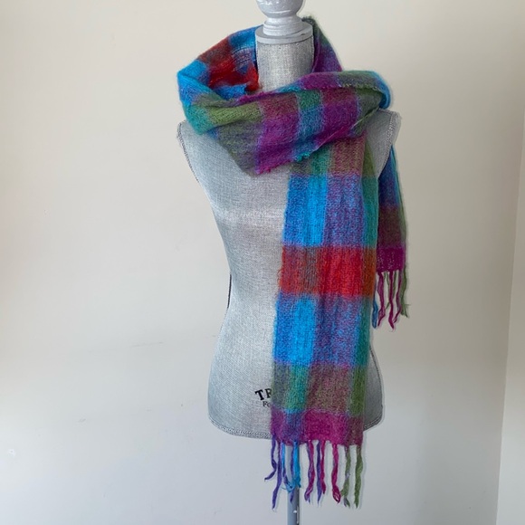 John Hanly Ireland Luxury Irish Colorful Plaid Mohair & Wool Scarf Wrap - Picture 2 of 8